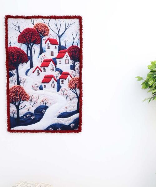 Multi-color polyester and wool wall hanging with MDF frame and hand-painted design – Design WH-043
