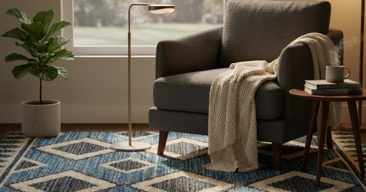 A refined living space showcasing intentional interior design foundations with a premium rug from Rugs By ARS.