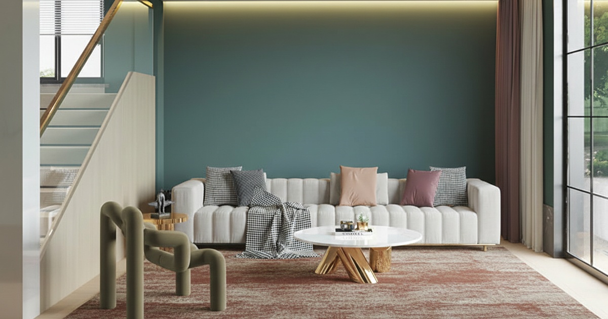 A curated interior featuring a tactile abstract rug as part of the 2026 interior design forecast for modern homes.