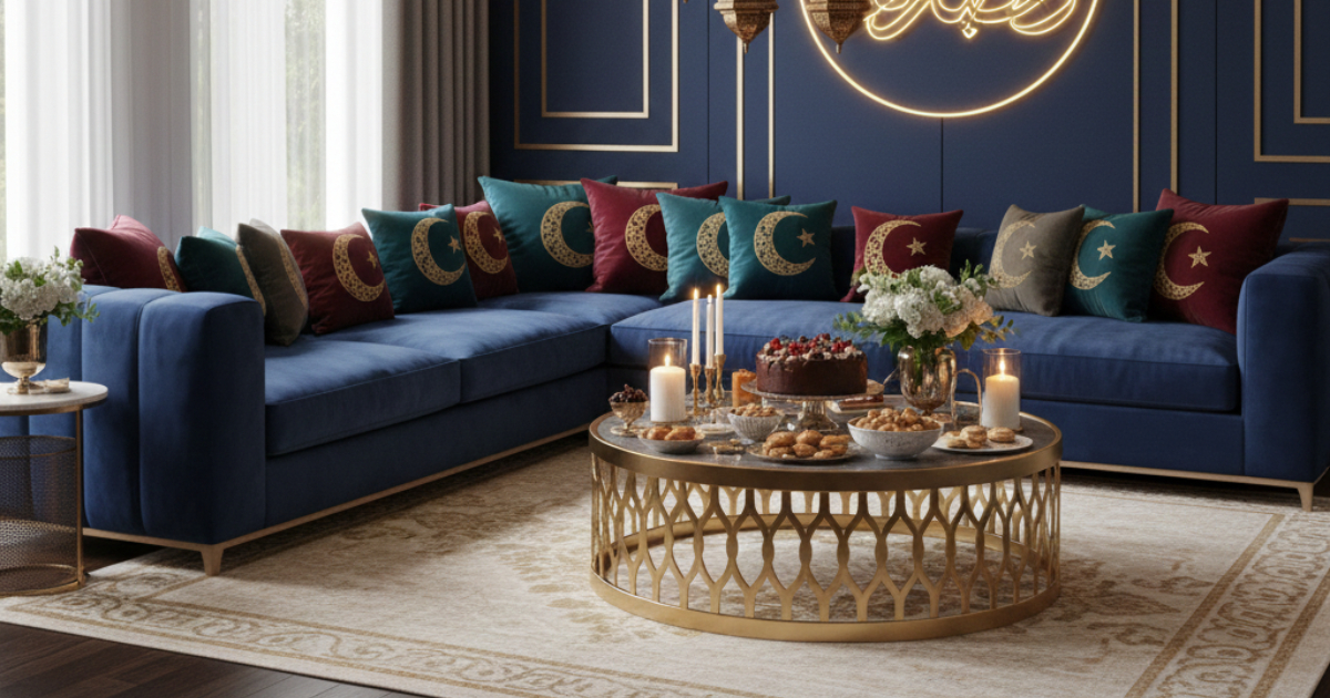 Premium ramadan rug styling featuring elegant wool rugs, warm lantern lighting, soft neutral tones, and refined seasonal interior decor.