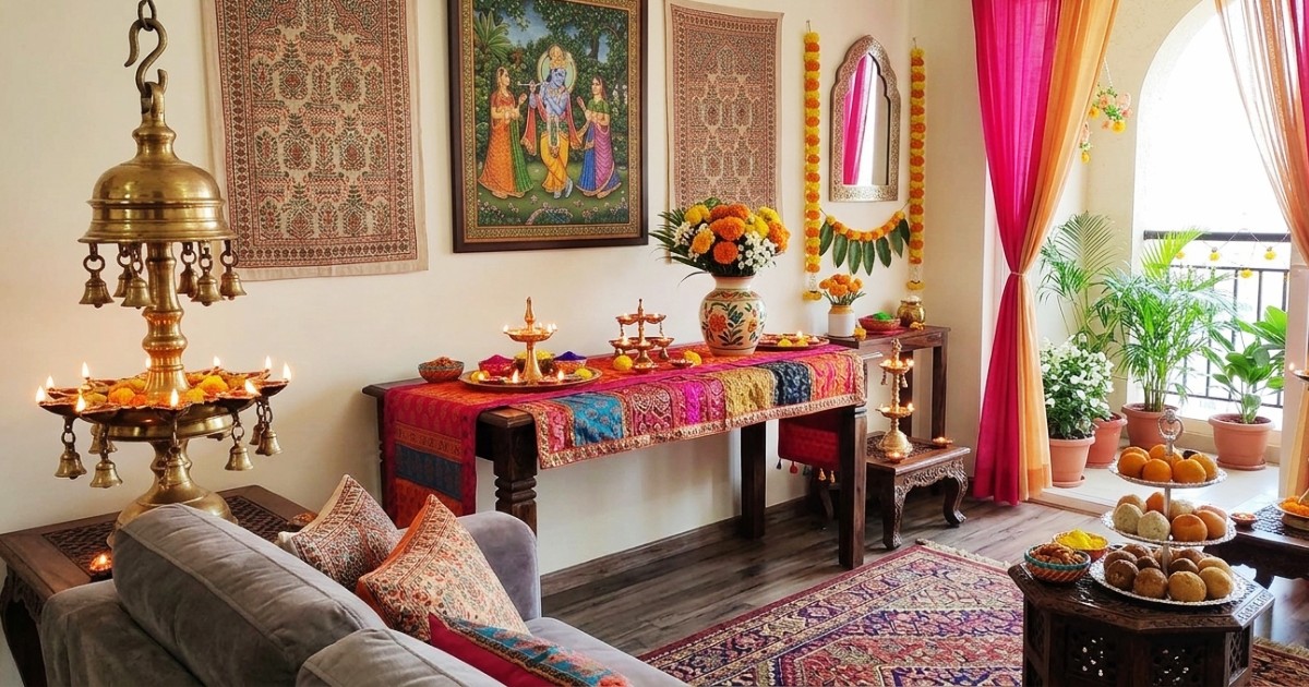 holi living room decor with colorful rug and festive cushions