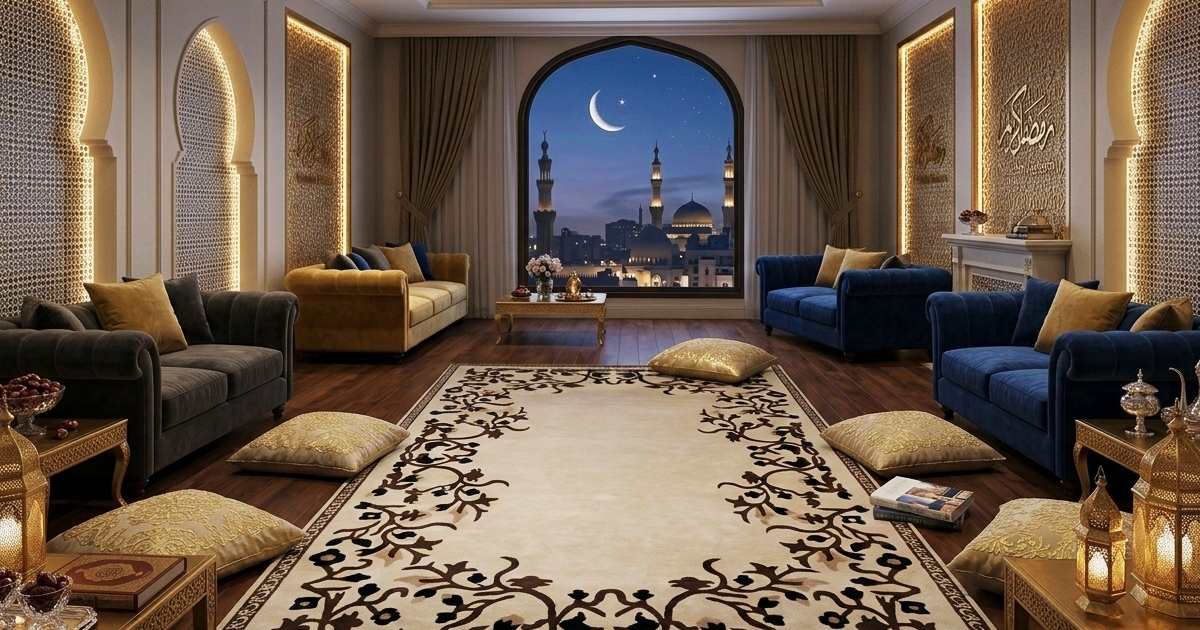 Luxury Ramadan rug decor featuring an elegant handwoven rug, warm lantern lighting, neutral interior tones, and refined seasonal styling creating a serene Ramadan home atmosphere.
