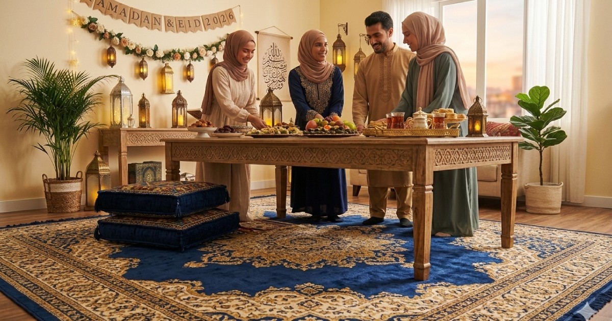 ramadan rug decor with warm lighting in elegant living room