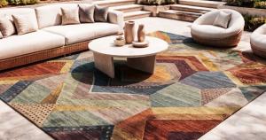 vintage or modern rugs styled in a contemporary living room interior