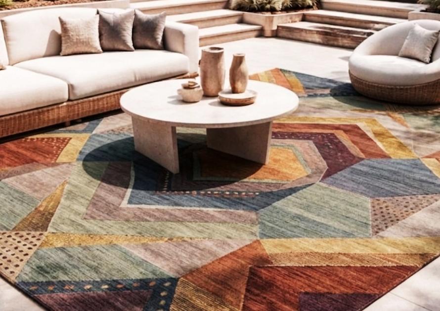 vintage or modern rugs styled in a contemporary living room interior