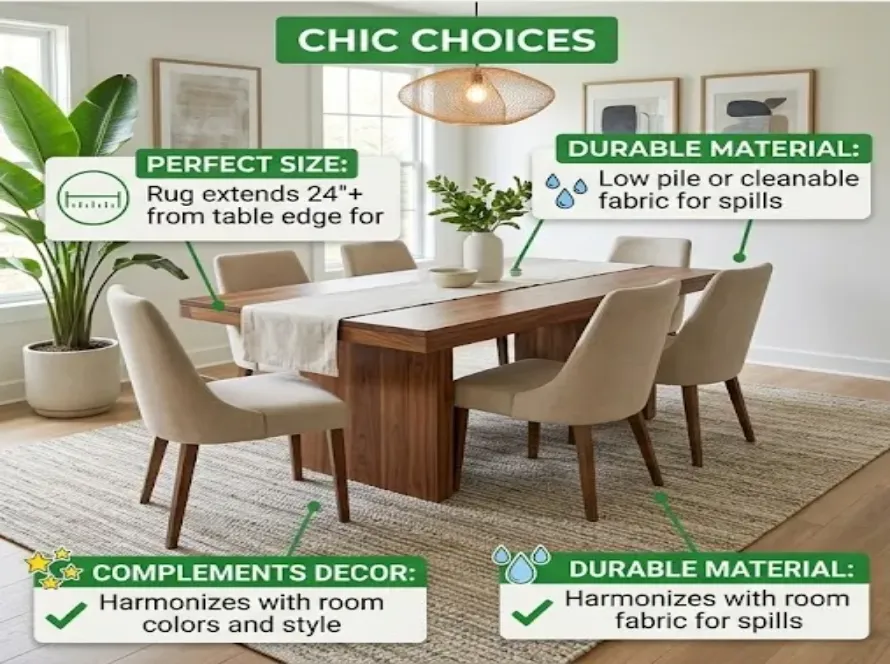 Dining table and chairs on a low‑pile neutral rug showing correct sizing and durable materials.